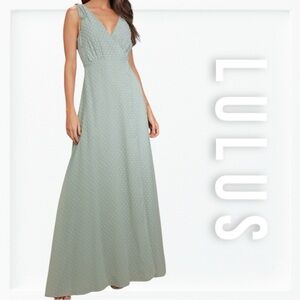 Lulus Romantic Possibilities Sage Brush Swiss Dot Maxi Dress sz L